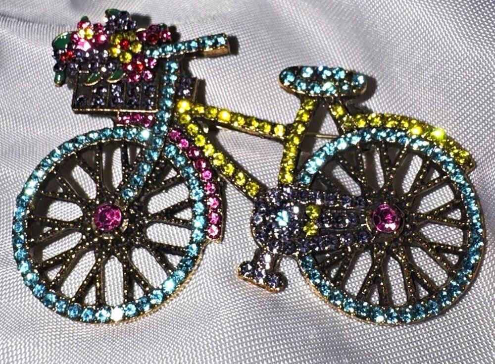 Bicycle Brooch Gold Tone Multicolor Rhinestone Flower Basket Bike Jewelry Pin